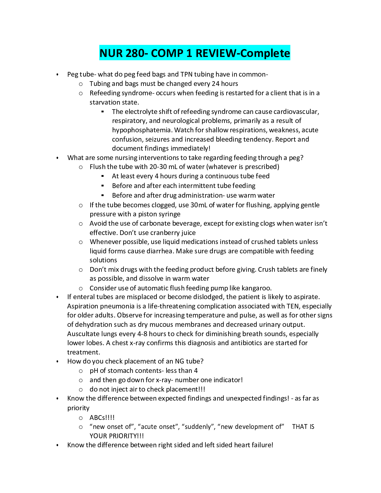 Preview image of NUR 280- COMP 1 REVIEW-Complete document